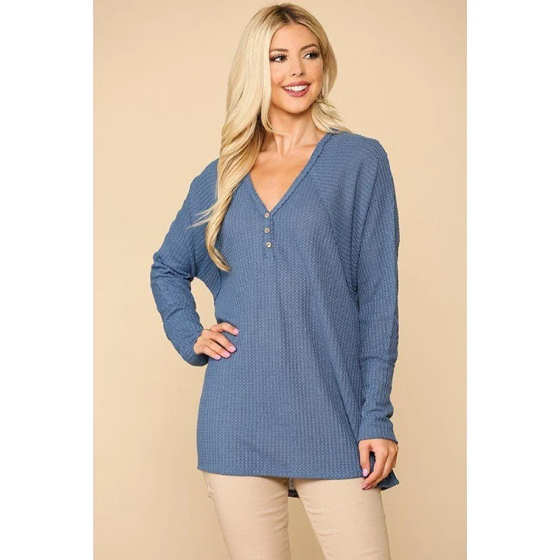 Price Fest Waffle Knit And Woven Print Mixed Hi Low Flowy Tunic Top