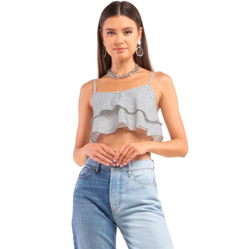 Big Discounts White And Navy Sleeveless Polka Square Layered Smock Back Cropped Top