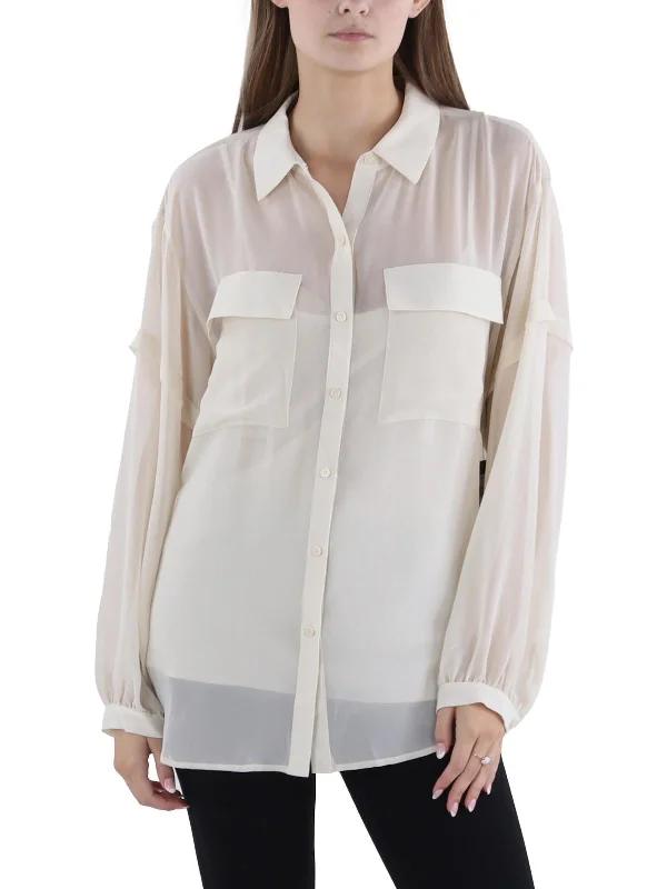 Daily Specials Womens Chiffon Collared Button-Down Top