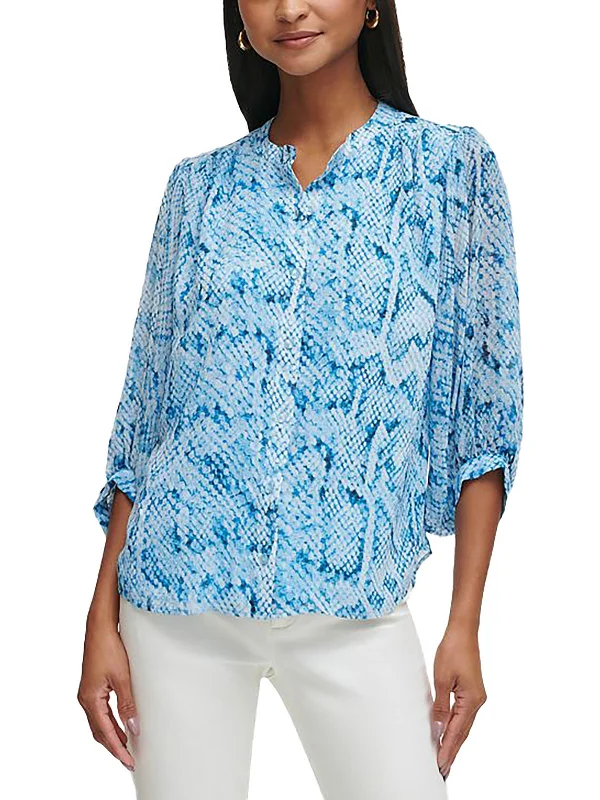 Super Sale Womens Chiffon Printed Button-Down Top