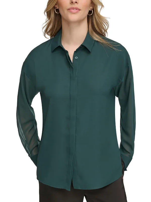 Blowout Sale Womens Chiffon Sleeve Collared Button-Down Top