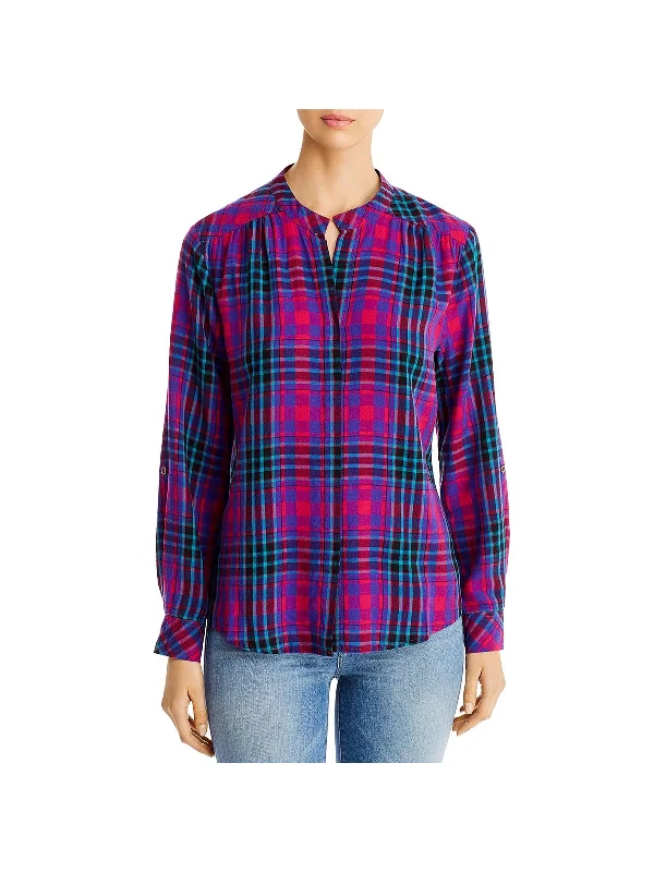 Stock Clearance Womens Collarless Plaid Button-Down Top