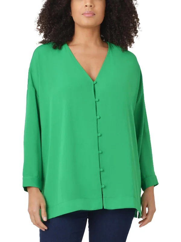 Special Offer Womens Collarless Three Quarter Sleeve Button-Down Top