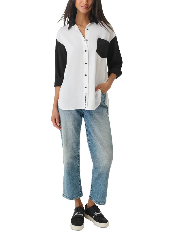 Inventory Reduction Womens Colorblock Collared Button-Down Top
