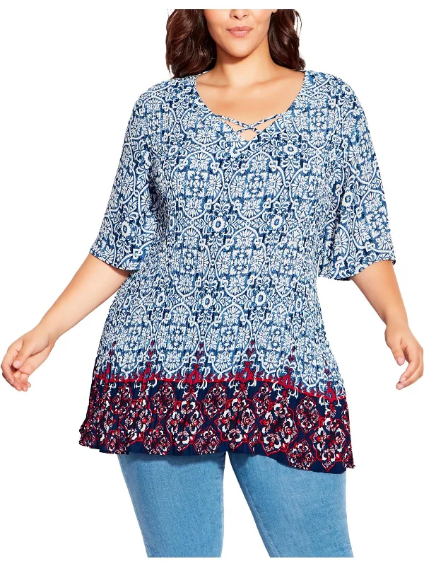 Holiday Sale Womens Crinkled Printed Tunic Top