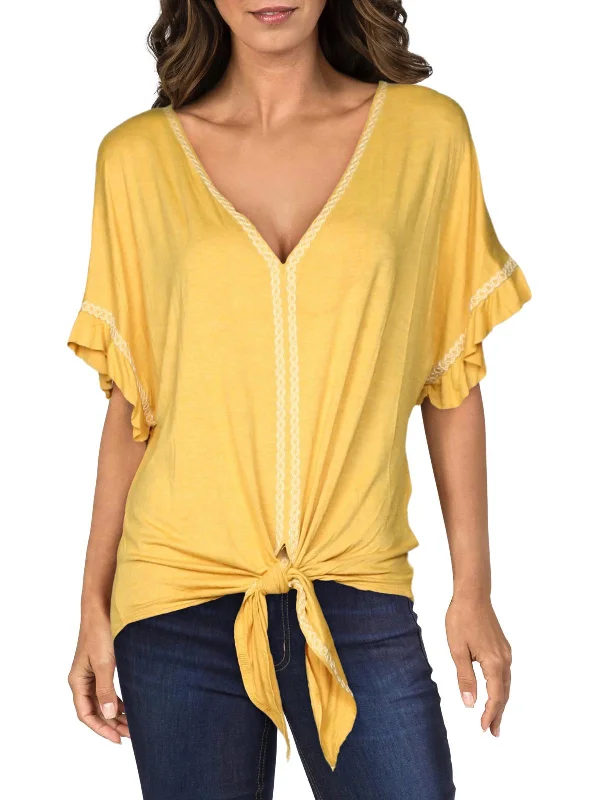 Special Promotion Womens Embroidered Tie Front Blouse
