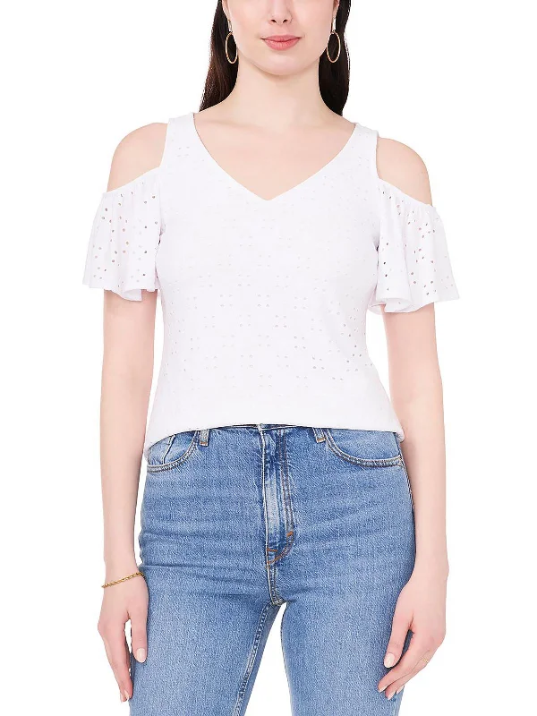 Shop and Save Womens Eyelet Open-Shoulder Pullover Top