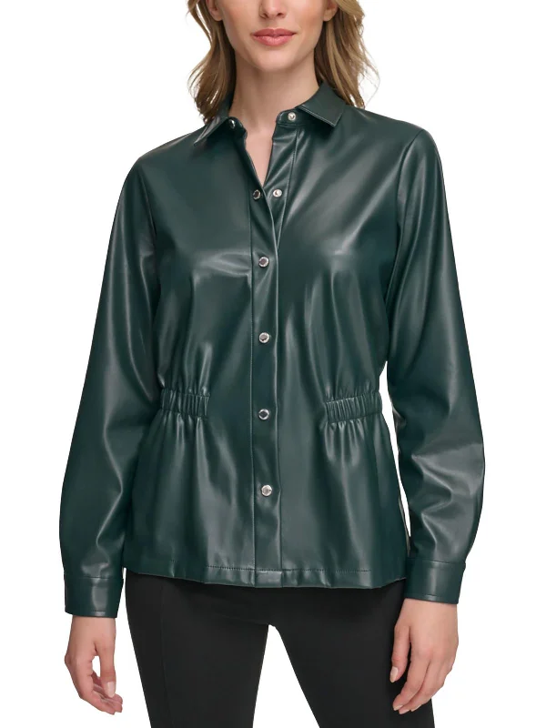 Lowest Price Womens Faux Leather Collared Button-Down Top