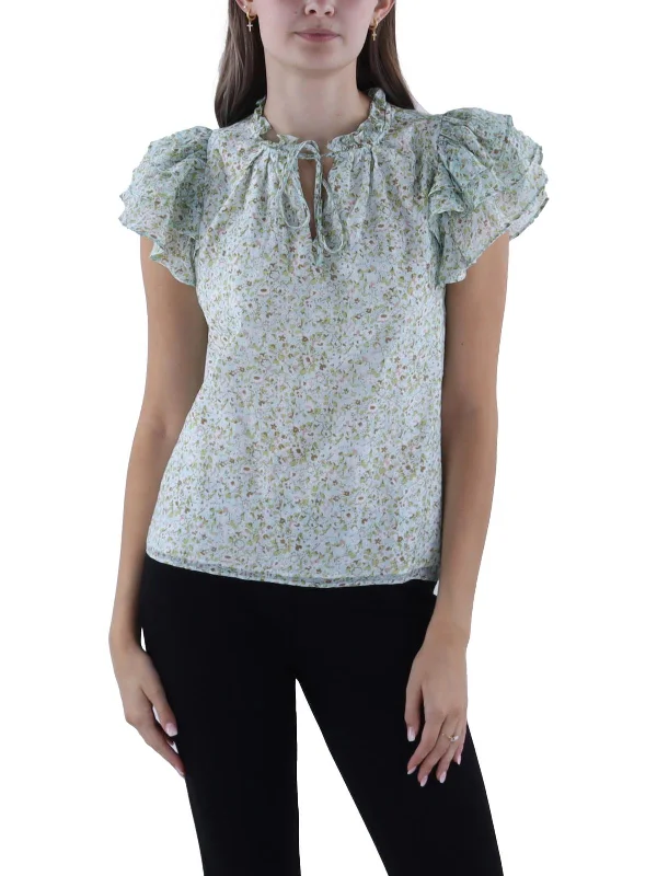 Don't Miss Womens Floral Print Tie Neck Blouse
