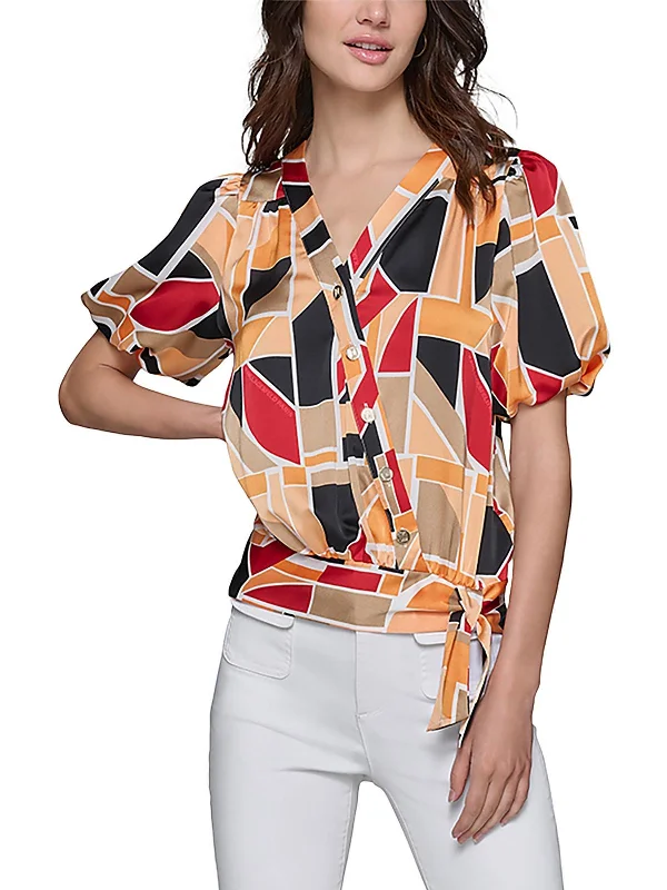 Price Cut Womens Geometric Print Puff Sleeves Blouse