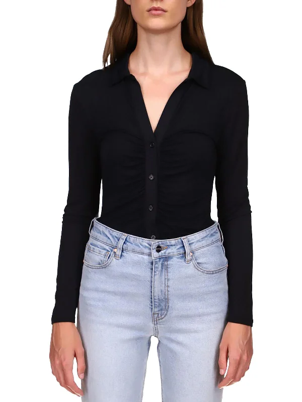 Hurry In Womens Knit Collared Button-Down Top