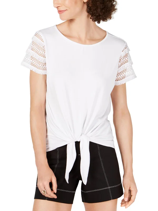 Midnight Madness Womens Lace Sleeves Knot-Front T-Shirt