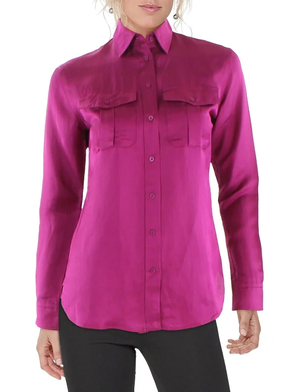 Super Deal Womens Linen Blend Collared Button-Down Top