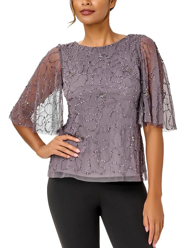 Act Fast Womens Mesh Beaded Blouse