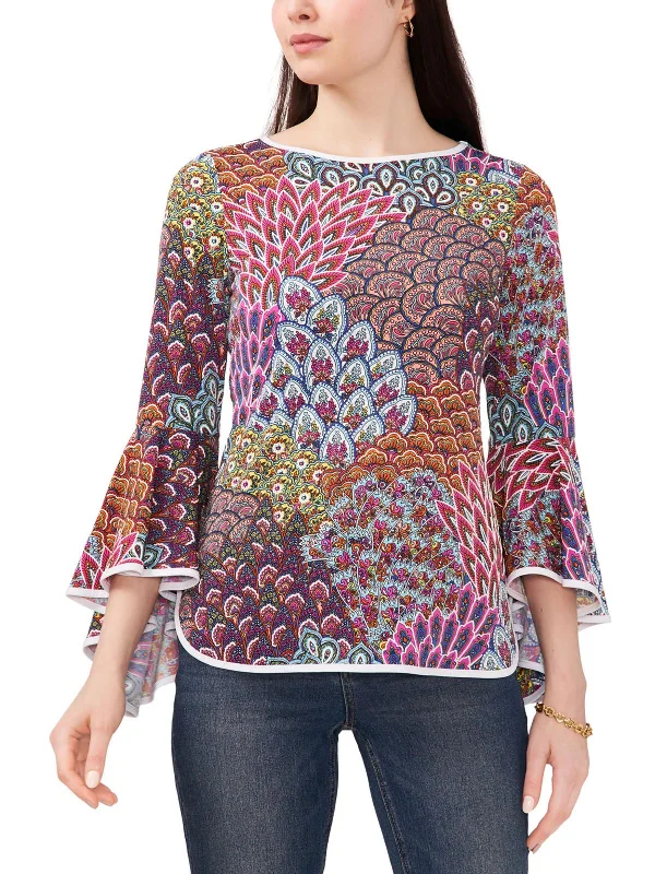 Online Only Womens Peacock Print Bell Sleeve Pullover Top