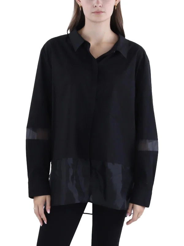 Value Deals Womens Poplin Organza Trim Button-Down Top