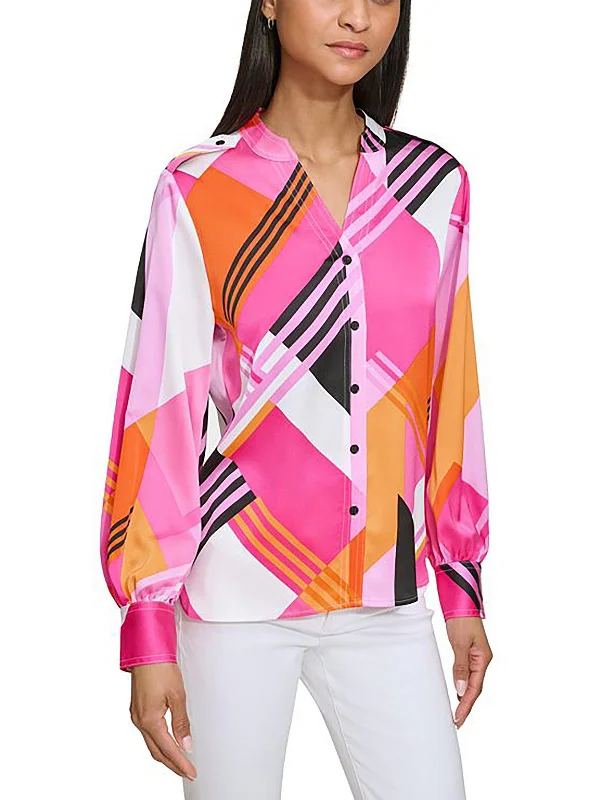 Anniversary Sale Womens Printed Embellished Button-Down Top