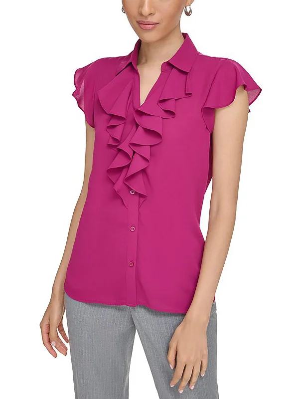 Special Discount Womens Ruffled Collared Pullover Top