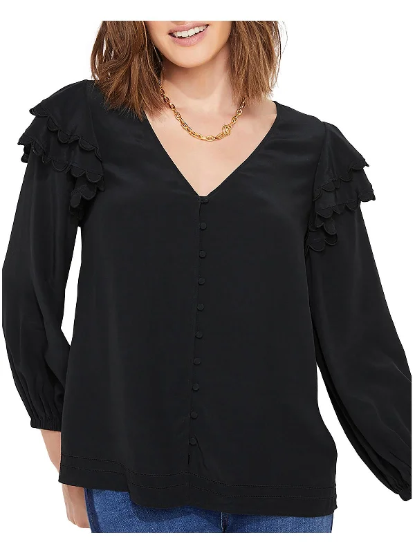 Deal Mania Womens Scalloped Sleeve Button-Down Blouse