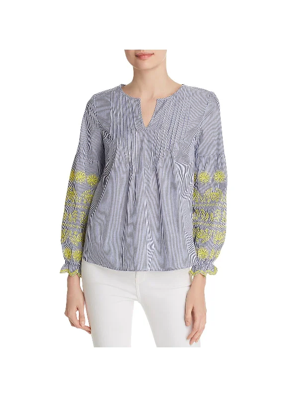 Deal Zone Womens Striped Embroidered Peasant Top
