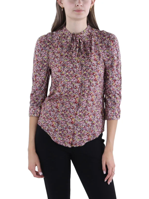Deep Discounts Womens Tie Neck Hi Low Button-Down Top