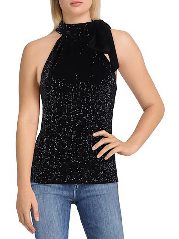 Savings Bonanza Womens Tie Neck Sequined Halter Top