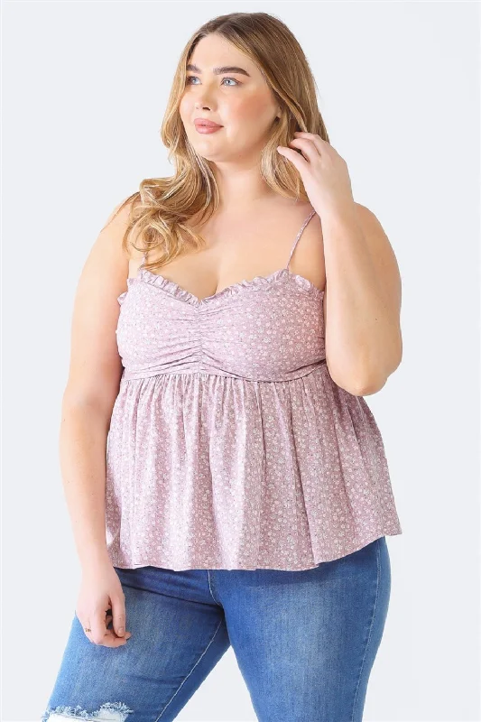 Savings Alert Zenobia Plus Size Frill Smocked Floral Sweetheart Neck Cami